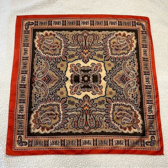 Vintage Square Brown with Orange Trim Scarf - Picture 1 of 5